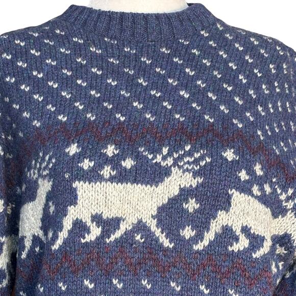 Vintage Blue Reindeer Wool Sweater Fair Isle Blue Knit Nordic Cottagecore Large - Picture 2 of 8